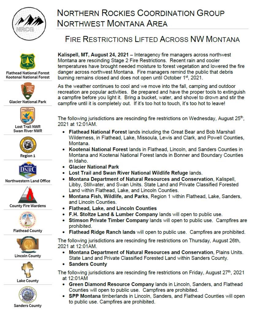 Fire restrictions lifted across NW Montana NFLA