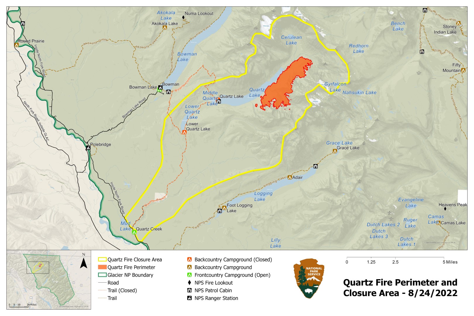 Quartz Fire Perimeter and Closure Area, August 24, 2022